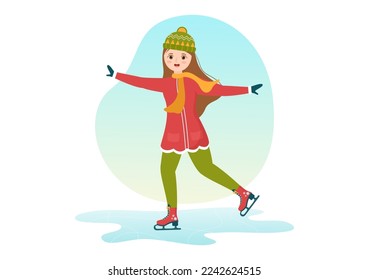 People Skating on Ice Rink Wearing Winter Clothes for Outdoor Activity or Sports Recreation in Flat Cartoon Hand Drawn Templates Illustration