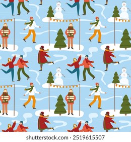 People skating on ice rink vector seamless pattern. Happy men and women in colorful warm clothes figure skating outdoor. Winter leisure time activity repeat background for Christmas, wrapping paper