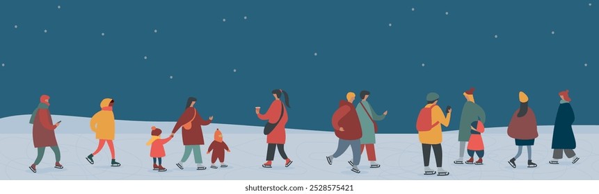 People skating on ice rink in snow city park over dark blue sky background. Family on skates, winter holiday skating activity. Christmas time outdoor. Flat vector characters