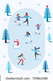 
People skating on ice rink in winter season. Flat style vector illustration.