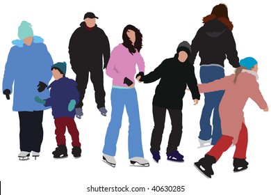People skating on ice. Two couples and the rest are single silhouettes. Color vector illustration.
