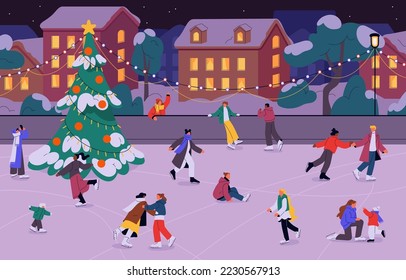 People skating on ice-rink on winter holiday. Happy active characters skaters outdoor in town, city with Christmas decoration, Xmas fir tree. Wintertime fun, vacation. Flat vector illustration