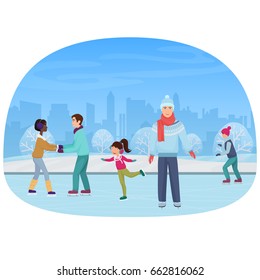 The people skating on an open-air rink in the winter vector illustration.
