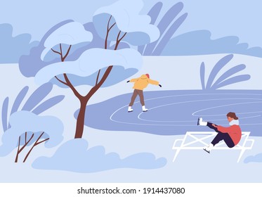 La gente patinando en pista de hielo al aire libre en el frío día del invierno. Hombre y mujer pasan tiempo libre en la naturaleza en un clima helado y nevado. Caricatura plana de color ilustración vectorial de un parque con árboles en la nieve