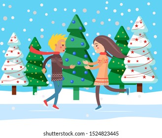 People skating on rink, man and woman on winter holidays. Recreation outdoors. Snowing weather in woods with pine trees decorated with baubles. Skaters wearing warm clothes flat style vector
