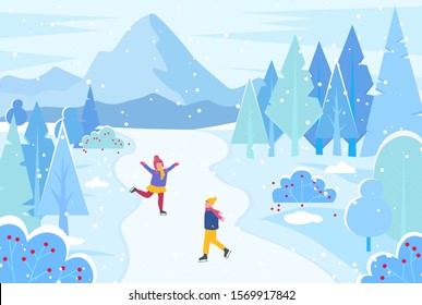 Gente patinando en el paisaje invernal con árboles nevados. Hombre y mujer en patines caminando cerca de la montaña y árbol de abeto con el clima de nieve al aire libre. Los amigos tienen un día activo cerca de la abeja y los vectores de las colinas