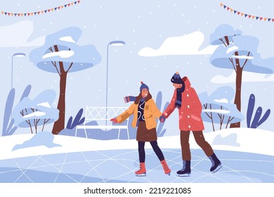 People skating together in a park, vector banner.