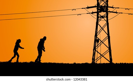 People are skating under electric wires in the evening (background, vector)