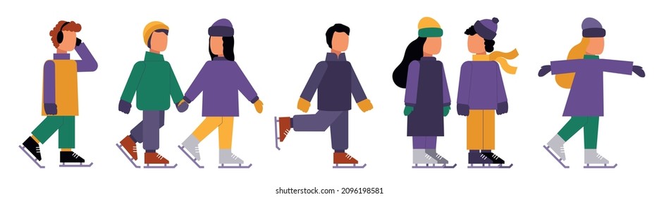 people skating, vector illustration. a collection of male and female characters isolated on a white background. winter sport.