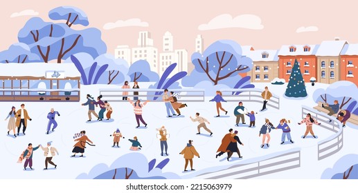 People skating at winter ice rink. Crowd of happy skaters during city outdoor activity on vacation. Active men, women, kids fun in cold weather in December, urban landscape. Flat vector illustration