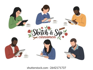 People sketching with coffee and cinnamon theme