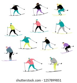 people ski. active winter sports. a set of vectors