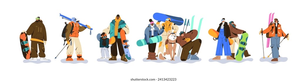 People in ski equipment set. Professional snowboard riders with kid, dog. Holidays in mountains, snow resort. Extreme winter sport, active hobby. Flat isolated vector illustration on white background