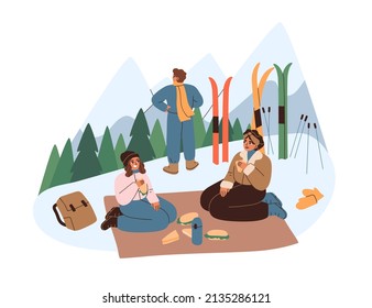 People at ski resort on winter holidays. Friends relaxing, eating. Halt, break after wintertime sports activity. Happy vacations in snow mountain. Flat vector illustration isolated on white background