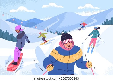 People ski slope. Skiers and snowboard riders skiing downhill snowy mountain hill on funicular landscape, winter extreme sport resort family vacation, classy vector illustration original artwork