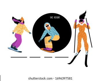 People ski and snowboard. Ski resort relaxation and healthy lifestyle concept. Vector illustration.