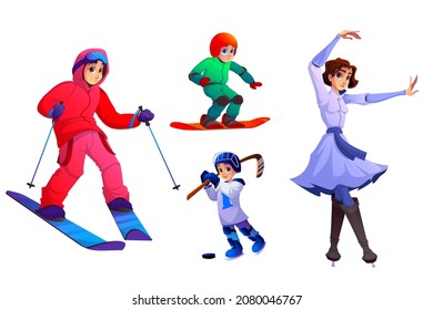 People with ski, snowboard, skates, hockey stick and puck. Vector cartoon set of characters with winter sport equipment for riding on snow and ice. Man skier, boy snowboarder and woman skater