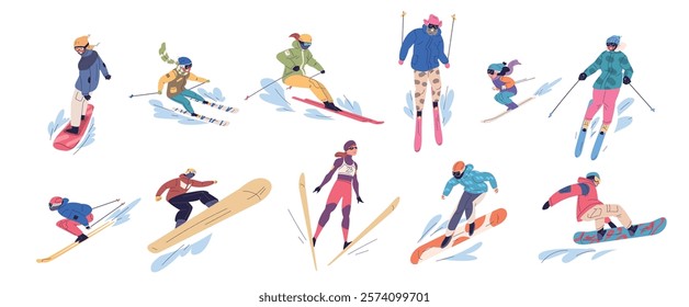 People skiers snowboarders. Happy ski and snowboard riders action poses, family winter extreme active sport fun skiing snowboarding mountain resort, set classy vector illustration original artwork