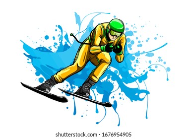 People skiing flat style design. Skis isolated, skier and snow, cross country skiing, winter sport, season and mountain, cold downhill, recreation lifestyle