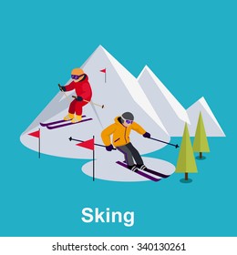 People skiing flat style design. Skis isolated, skier and snow, cross country skiing, winter sport, season and mountain, cold downhill, recreation lifestyle, activity speed extreme illustration