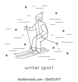 People skiing flat style design. Skier and snow. Winter sports and activities