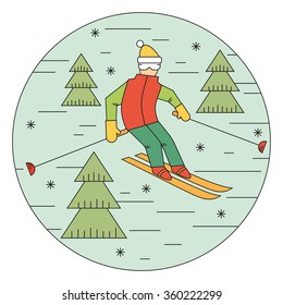 People skiing flat style design. Skier and snow. Winter sports and activities. Thin line style
