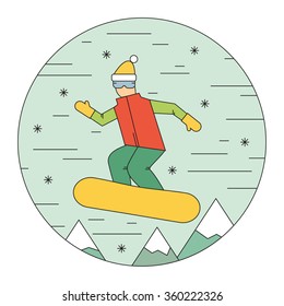 People skiing flat style design. Skier and snow. Winter sports and activities. Thin line style
