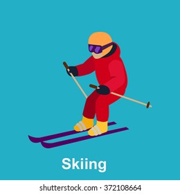 People skiing flat style design. Skis isolated, skier and snow, cross country skiing, winter sport, season and mountain, cold downhill, recreation lifestyle, activity speed extreme illustration