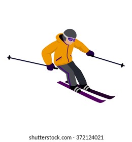 People skiing flat style design. Skis isolated, skier and snow, cross country skiing, winter sport, season and mountain, cold downhill, recreation lifestyle, activity speed extreme illustration