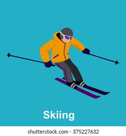 People skiing flat style design. Skis isolated, skier and snow, cross country skiing, winter sport, season and mountain, cold downhill, recreation lifestyle, activity speed extreme illustration