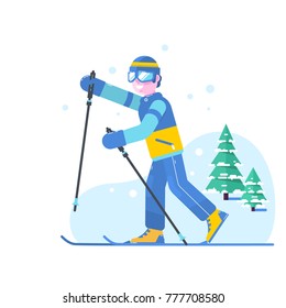 People skiing flat vector style design. Skis isolated, skier and snow, cross country skiing, winter sport, season and mountain