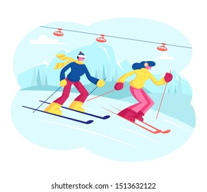 People Skiing. Man and Woman Skiers Cross Country at Winter Season. Sport Activity , Mountain Resort with Snow and Funicular Cold Weather Downhill Recreation Lifestyle. Flat Vector Illustration