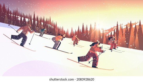 people skiing men women tourists doing activities winter vacation concept sunset snowfall landscape background