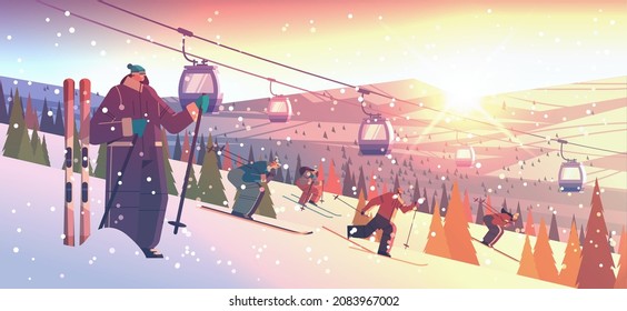 people skiing men women tourists doing activities winter vacation concept sunset snowfall landscape background