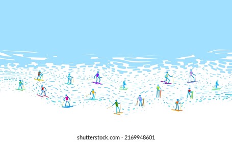 People skiing on snowy hills background design. Vector illustration of winter sports on holidays concept