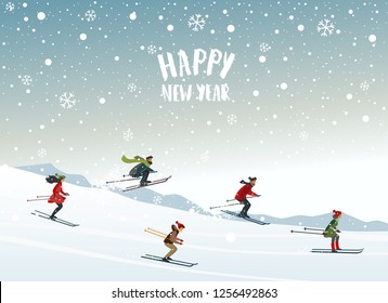 People skiing ride in mountain. Amazing Christmas and New Year winter holiday card. Vector illustration