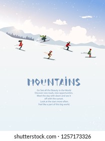 People skiing ride in mountain. Vector illustration