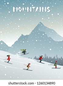 People skiing ride in mountain. Winter sport active life. Vector illustration