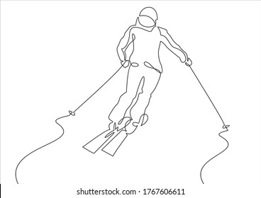 people skiing in the snow in the winter- continuous line drawing