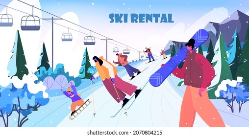 people skiing snowboarding men women doing winter activities christmas new year holidays celebration ski rental