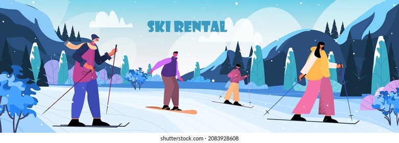 people skiing snowboarding men women doing winter activities christmas new year holidays celebration concept ski rental