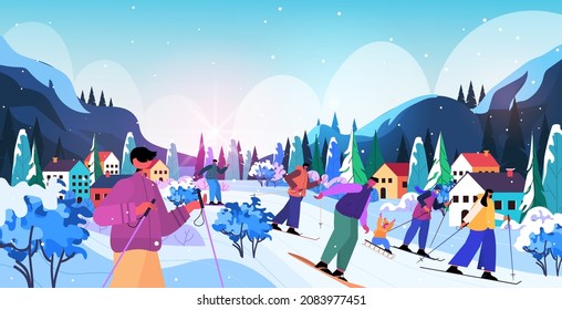 people skiing snowboarding men women and children doing winter activities christmas new year holidays celebration