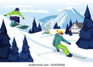 People skiing and snowboarding in ski resort. Skier and snowboarder riding down snowy hill. Sports persons having fun in winter holidays on beautiful winter landscape cartoon vector illustration