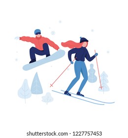People skiing and snowboarding in winter park rest zone vector flat illustration isolated on white background. Winter activities concept design for banner, postcards, posters and web graphics. 
