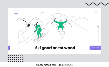 People Skiing Website Landing Page. Man and Woman Skiers Riding Skis Downhill at Winter Season. Sport Activity on Mountain Resort. Recreation Web Page Banner. Flat Vector Illustration, Line Art