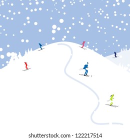 People skiing, winter mountain landscape for your design