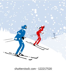 People skiing, winter mountain landscape for your design