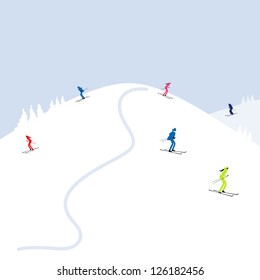 People skiing, winter mountain landscape for your design