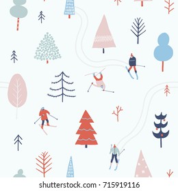 People skiing in the winter snowing forest on Christmas seamless pattern in vector