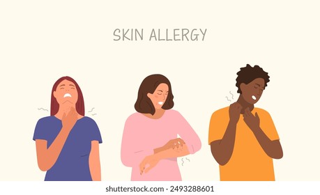 Personas con alergia cutánea. Dermatitis o eczema. Erupción cutánea. Picor en la piel. Vector